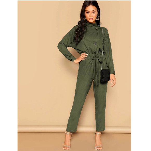 Drop Shoulder Asymmetrical Button Front Belted Jumpsuit - Picture 4 of 14